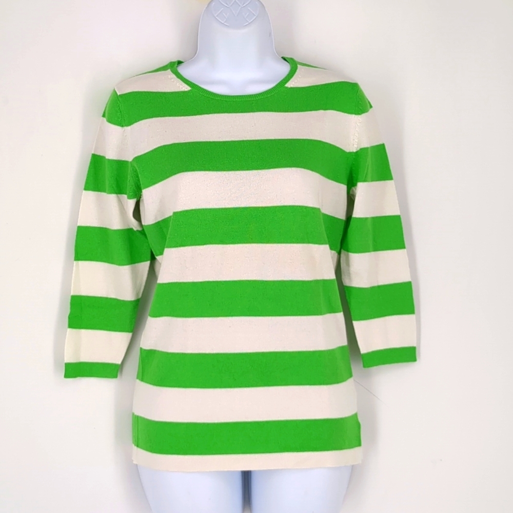 Vintage GAP Green White Striped Cashmere Cotton Blend Knit Sweater Size Medium